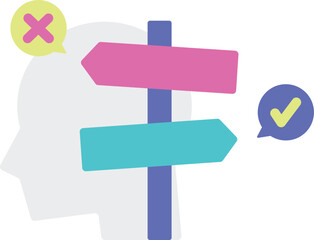 Profile of person with direction arrows sign symbolizing decision making and choice