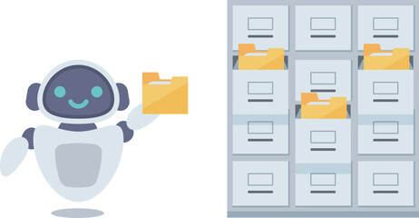 Robot holding file folder next to office cabinet illustration