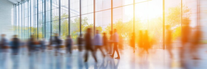 Crowd of business people in motion in city lobby with glass windows