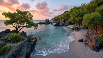 Golden Hour Sunset Over a Lush Tropical Coastline With Crashing Waves and Rocky Outcrops Bathed in Warm Light