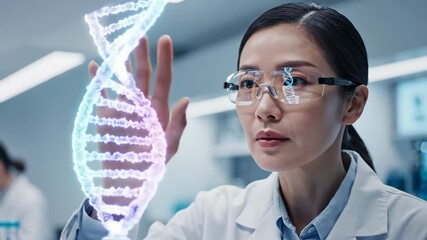 Female asian scientist interacts with glowing dna double helix hologram in modern laboratory. Woman researcher examines genetic structure using virtual model for biotechnology study. Digital science - Powered by Adobe