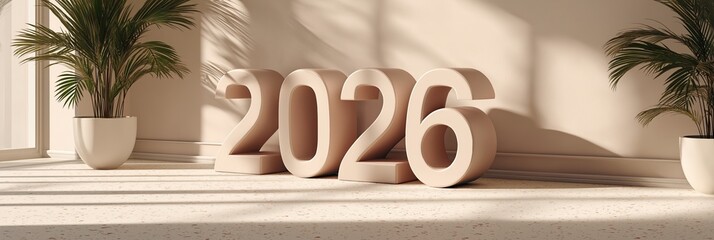 Stylish room interior, decorative numbers 2026, natural light, plants, modern decor
