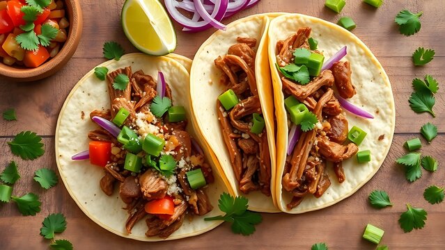 carnitas. Traditional Mexican tacos with pork carnitas and fresh toppings in a flat lay. menu design, packaging mockups, designed for food delivery and cloud-kitchen brand materials.