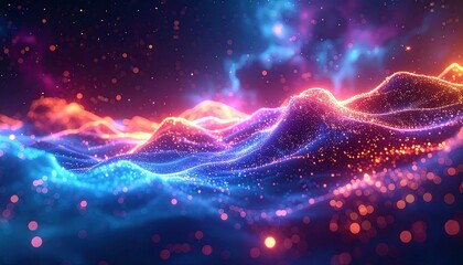 Obraz premium Abstract wave landscape with glowing particles a mesmerizing mix of blue, orange and violet in ethereal cosmic space