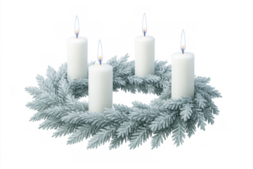 Advent wreath with four burning white candles, celebrating christmas and winter holidays, transparent background