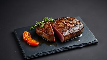 crosssection. A premium fillet steak on a dark slate plate, shown in a juicy cross-section from an overhead view. menu design.