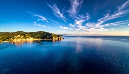 Aerial view of a serene coastline with lush green hills meeting the calm, blue ocean under a wispy, blue sky
