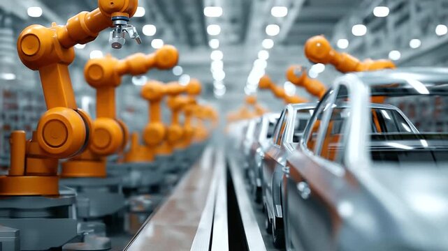 Automated plant with robotic arms building cars, advanced manufacturing in auto assembly, robotics evolution in vehicle production, industrial automation in factory lines, future e