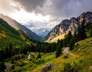 Mountain valley scene, winding road leads through lush forests