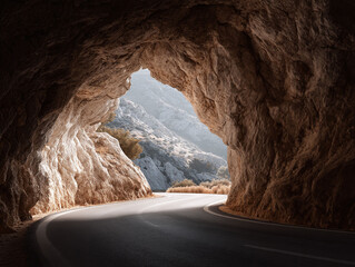 Dramatic shot of a winding road emerging from a rock tunnel towards a scenic mountain landscape. Evokes themes of journeys, adventure, and overcoming challenges.