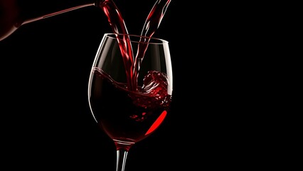 decanting. Red wine pouring into glasses, closeup action shot with moody dark background. bar promotions, beverage menus, designed for product packaging and bar promotions, inspires menu design.