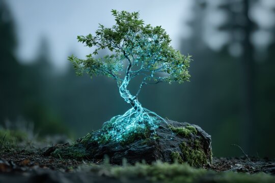 A unique tree with a blue trunk standing out in a digital forest made of fiber optics, glowing in the dark.