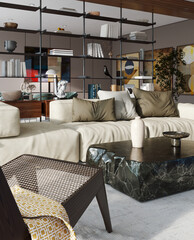 Large luxury modern bright interiors Living room mockup illustration 3D rendering image