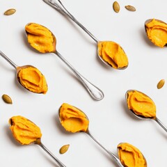 spoonfuls of pumpkin puree arranged in artistic flat lay, autumn ingredient scene, photorealistic rendering, isolated on white background