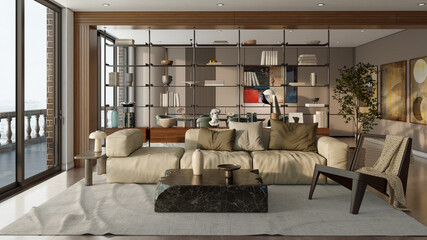 Fototapeta premium Large luxury modern bright interiors Living room mockup illustration 3D rendering image