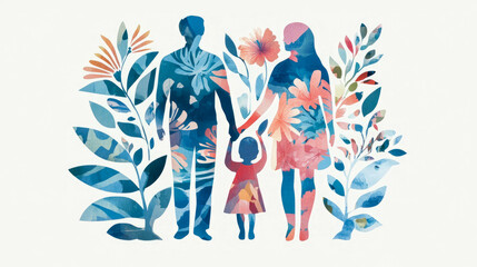 Vibrant watercolor illustration of family silhouette embracing nature's beauty and unity, symbolizing growth, love, and connection within botanical artistic design