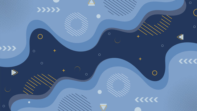 Contemporary abstract blue background featuring smooth flowing waves with geometric lines and yellow accents perfect for digital artwork posters web banners and presentations