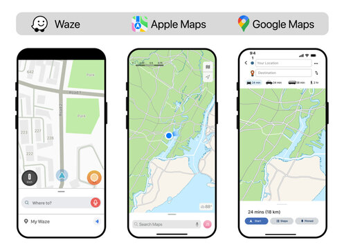 Waze AppleMaps GoogleMaps mockup. Waze AppleMaps GoogleMaps navigation UI design. Waze AppleMaps GoogleMaps mobile map interface