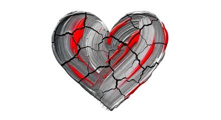 Broken heart illustration with cracks and red accents on white background