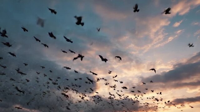 A breathtaking display of nature unfolds as countless birds take to the sky, painting the horizon with vibrant hues of sunset and fluttering wings in perfect unison.