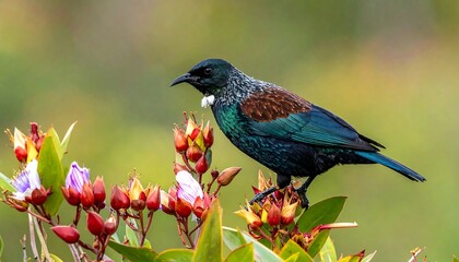 Obraz premium Bird with iridescence plumage perched atop a vibrant plant against a soft, blurred background, nature's beauty