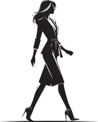 Modern professional woman in smart casual outfit, confident walking pose, sleek vector silhouette black