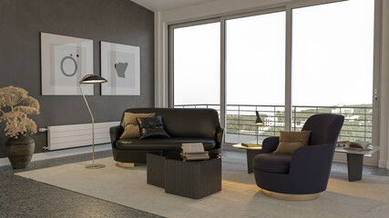 Large luxury modern bright interiors Living room mockup illustration 3D rendering image