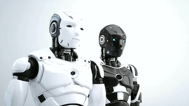 White and black robot workers, advanced manufacturing in robotic diversity, robotics evolution in worker design, industrial automation in dual systems, future engineering in varied