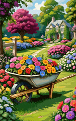 Beautiful flower garden with stone pathway