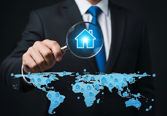 Man holding magnifying glass over world map with houses