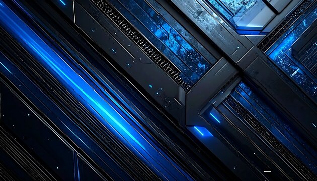 Abstract tech wall with metallic panels, blue light streaks, and geometric patterns creating a futuristic industrial scene
