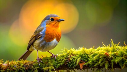 Bright robin perched on a mossy branch with a blurred, colorful bokeh background