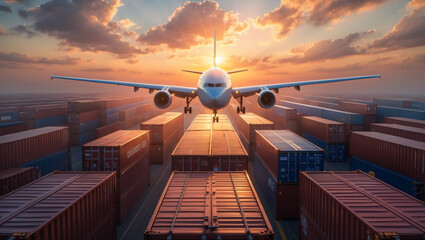 Air freight and maritime shipping concept with airplane and containers at port.