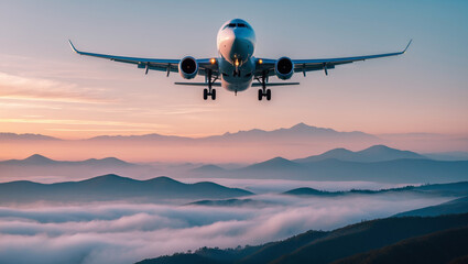 Passenger jet approaching over foggy mountains in beautiful dawn light, travel concept.