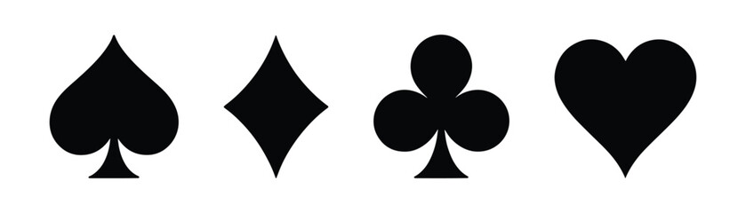 Poker card suits - hearts, clubs, spades and diamonds - on white background. Casino gambling theme vector illustration. Simple black silhouettes.