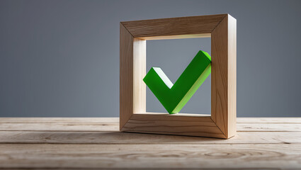 Green check mark icon inside wooden box representing success and correctness.