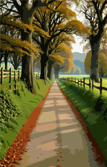 Straight walkway lined with autumn trees