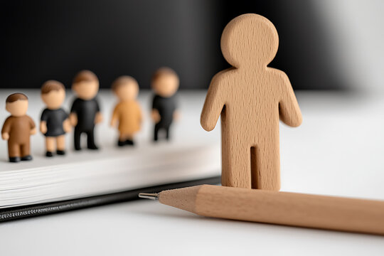 A wooden figure stands tall before a line of smaller figurines on an open notebook, a pencil lying beside it. This image conveys themes of leadership, guidance, and education.