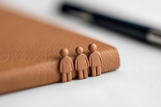 Three small, stylized figures stand on the edge of a brown leather book, a pen blurred in the background, symbolizing family planning or a commitment to a shared future. The focus is on unity.