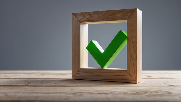 Green check mark icon inside wooden box representing success and correctness.