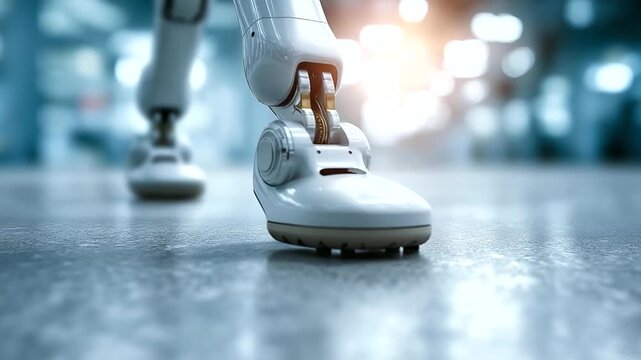 Close-up of bipedal robot motion sensors, advanced manufacturing in locomotion tech, robotics evolution in balance systems, industrial automation in research labs, future engineeri