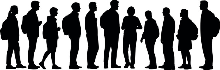 Silhouette of diverse group of people standing in line together black