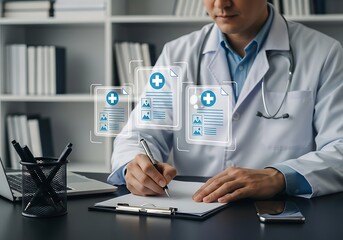 Doctor reviewing digital medical records healthcare