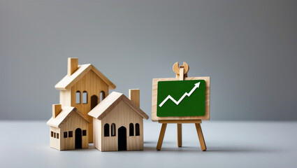 Wooden home models beside green arrow graph showing positive real estate market trend.