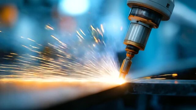 Close-up of robotic arm welding with precision sparks, advanced manufacturing in automotive tech, robotics evolution in sensor use, industrial automation in clean environments, fut