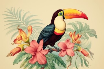 Obraz premium Vintage drawing coconut toucan fly animal flower sketch.