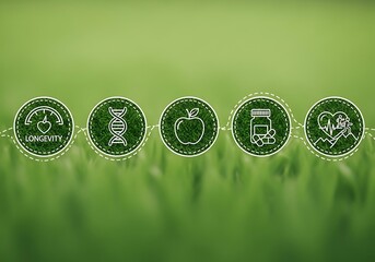 Healthy lifestyle icons on green grass wellness longevity