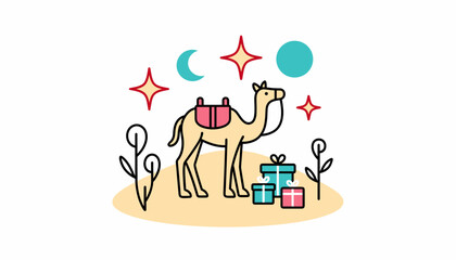 Fototapeta premium Cartoon camel carrying gifts under the moon and stars in a desert , Magi symbolism 