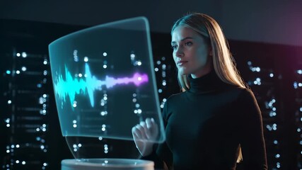 woman gesture at hologram interface. technology projects audio waveform across server array. interaction and control via virtual console. modern setup illustrates hands free operation. design suit.