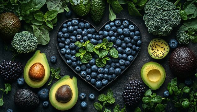 Healthy eating concept with fresh blueberries avocado and green vegetables